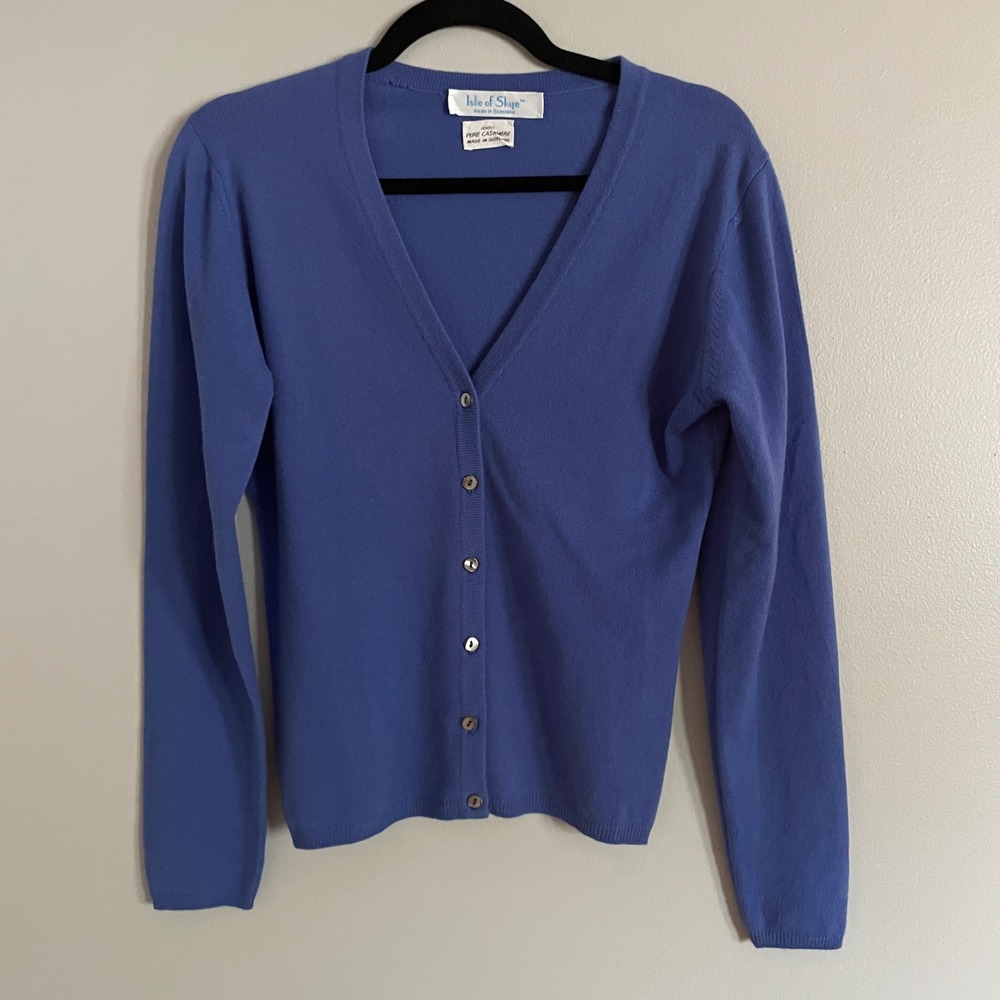 Isle of Skye Cardigan Women L Blue 100% Cashmere V-Neck Scotland Luxury Classic